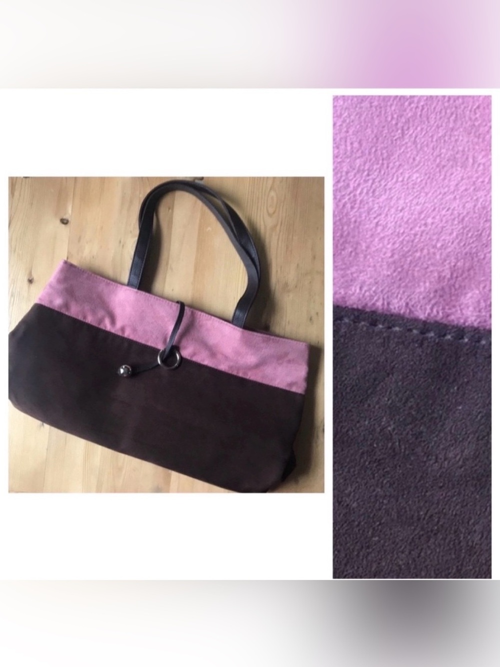 Tote Book Bag Computer Bag Faux Suede Pink and Brown Color Block